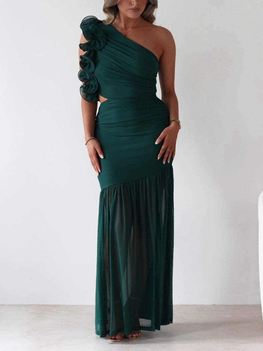 Stop-Staring One Shoulder Ruffle Sculpting Slit Maxi Dress