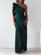Stop-Staring One Shoulder Ruffle Sculpting Slit Maxi Dress