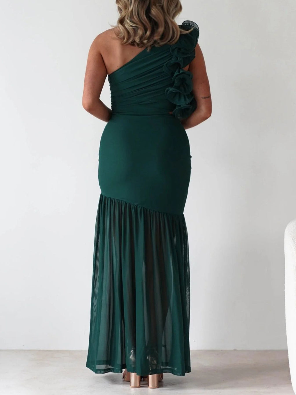 Stop-Staring One Shoulder Ruffle Sculpting Slit Maxi Dress
