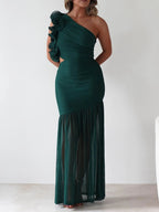Stop-Staring One Shoulder Ruffle Sculpting Slit Maxi Dress