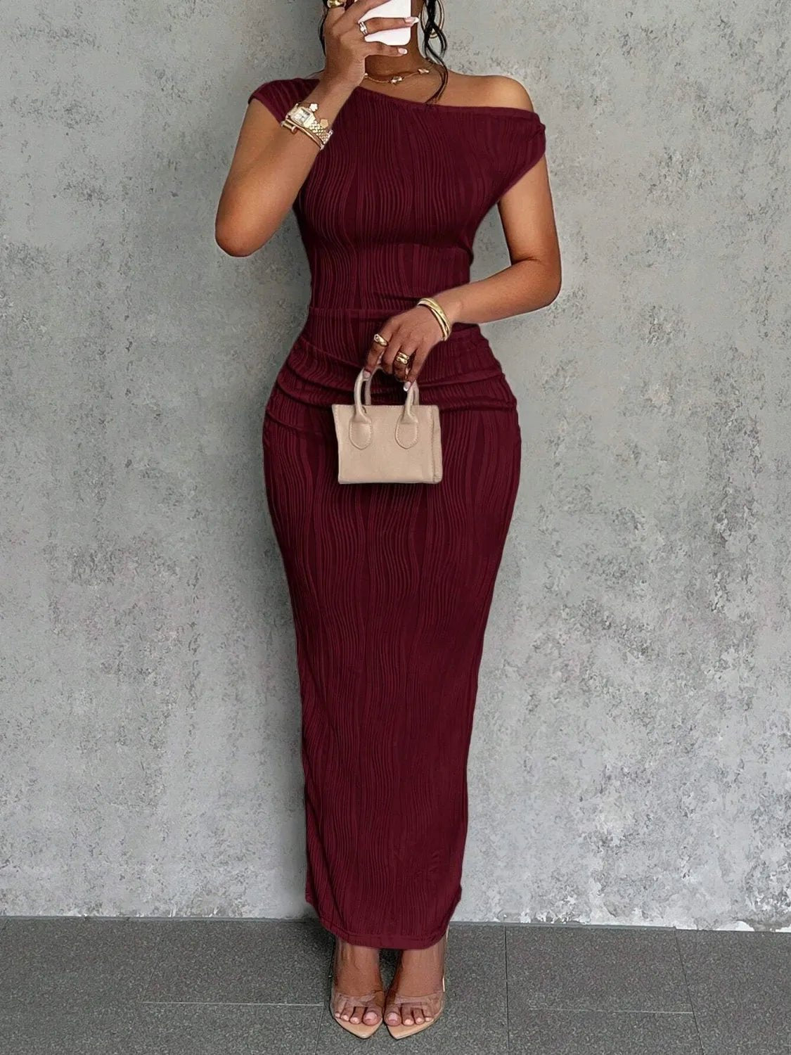 Stop-Staring One Shoulder Sculpting Textured Maxi Dress