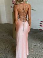 Stop-Staring Satin Cowl Neck Backless Lace-Up High Slit Maxi Dress