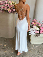 Stop-Staring Satin Cowl Neck Backless Lace-Up High Slit Maxi Dress