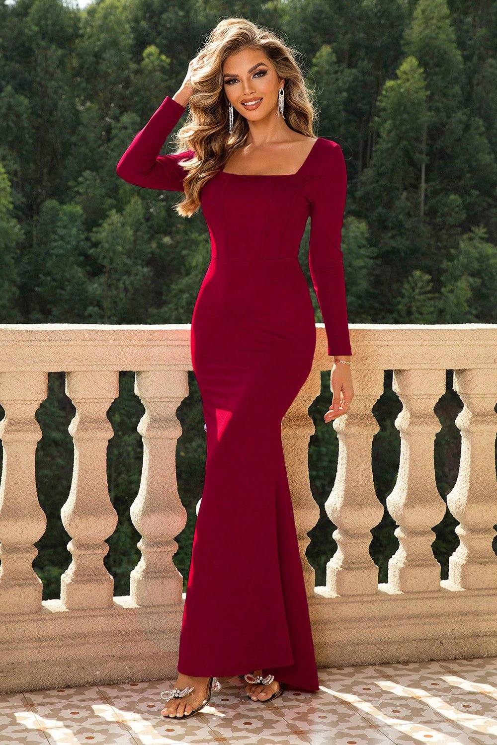Stop-Staring Sculpting Square Neck Long Sleeve Maxi Dress