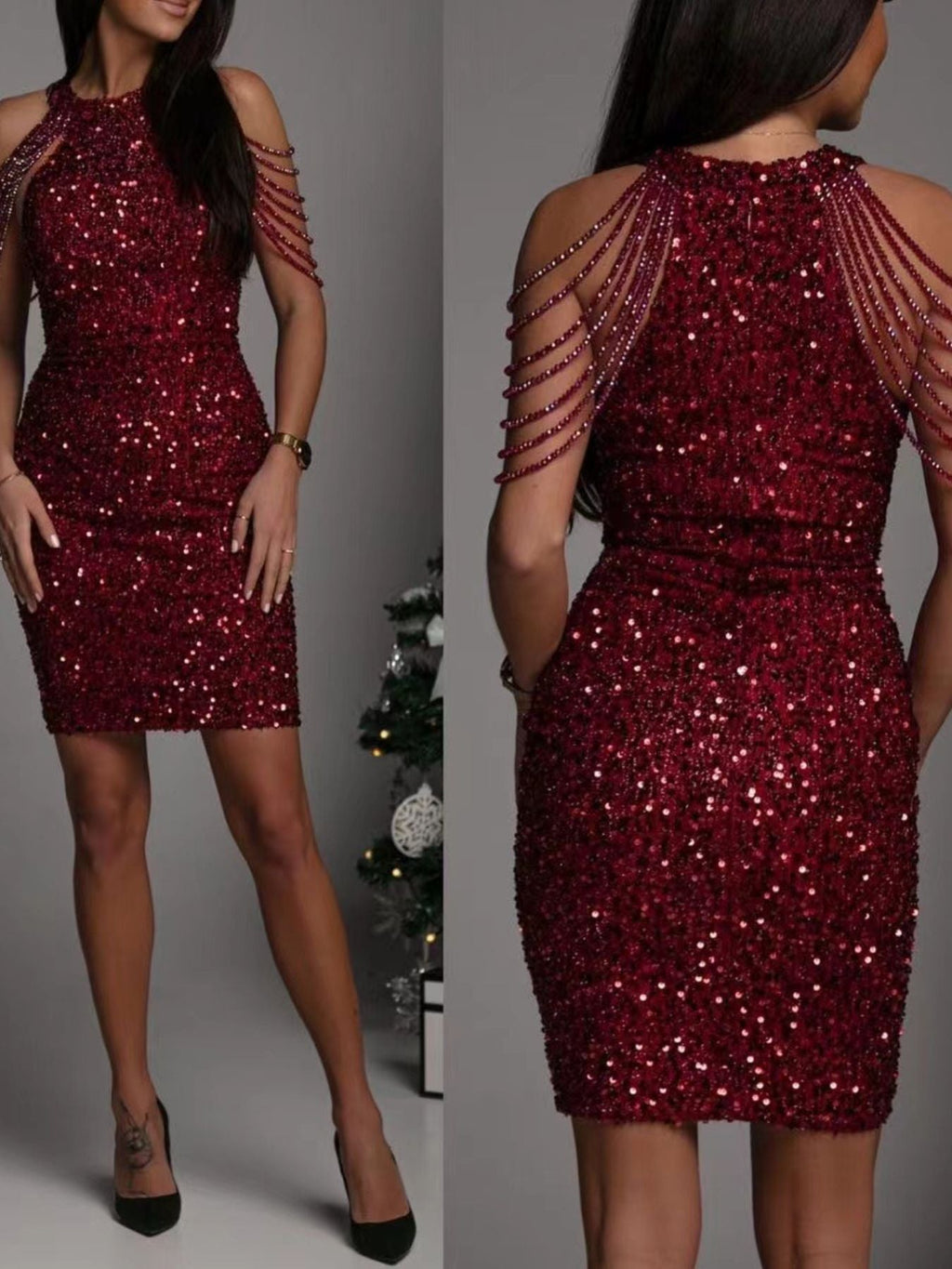 Stop-Staring Sequin Dripping Shoulder Bodycon Mini Dress