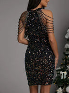 Stop-Staring Sequin Dripping Shoulder Bodycon Mini Dress
