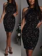Stop-Staring Sequin Dripping Shoulder Bodycon Mini Dress