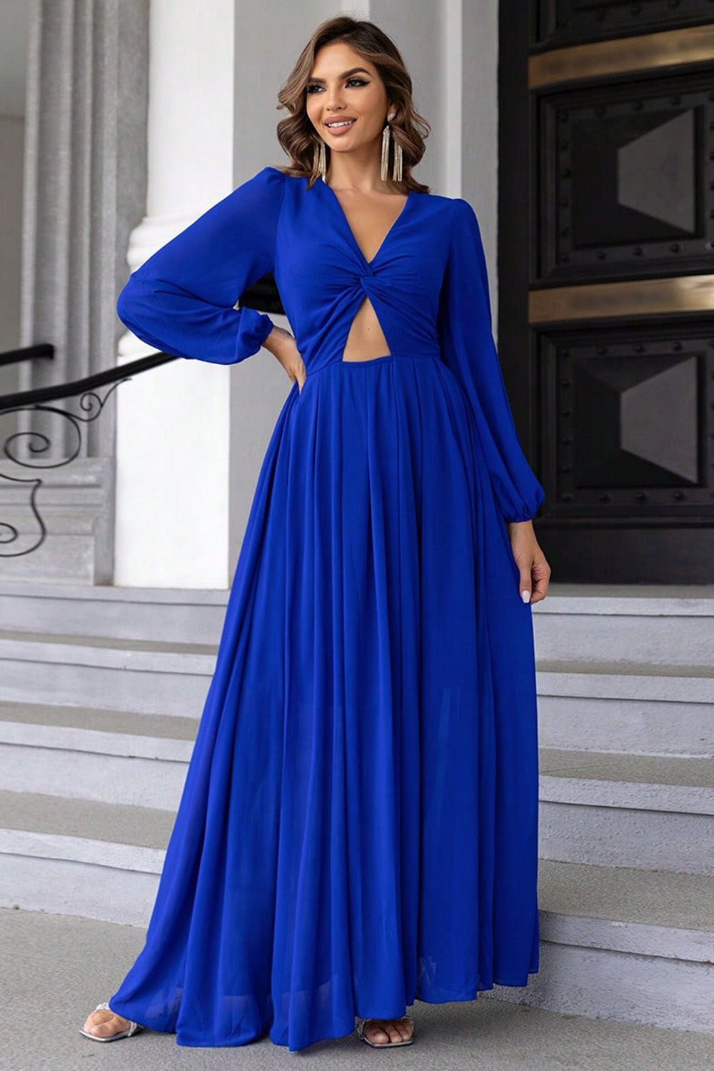 Stop-Staring Twist Front Cutout Sculpting Long Sleeve Maxi Dress