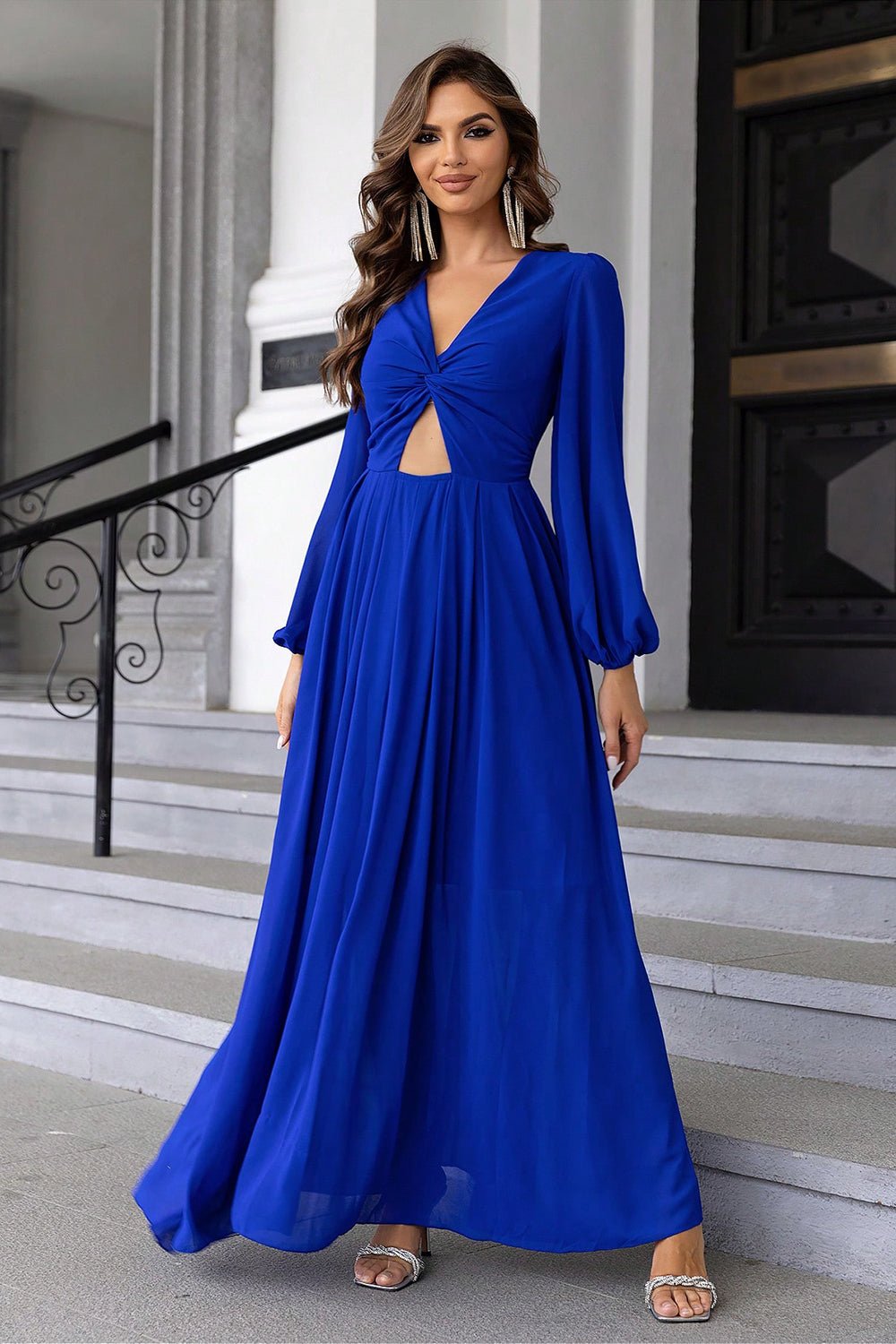 Stop-Staring Twist Front Cutout Sculpting Long Sleeve Maxi Dress