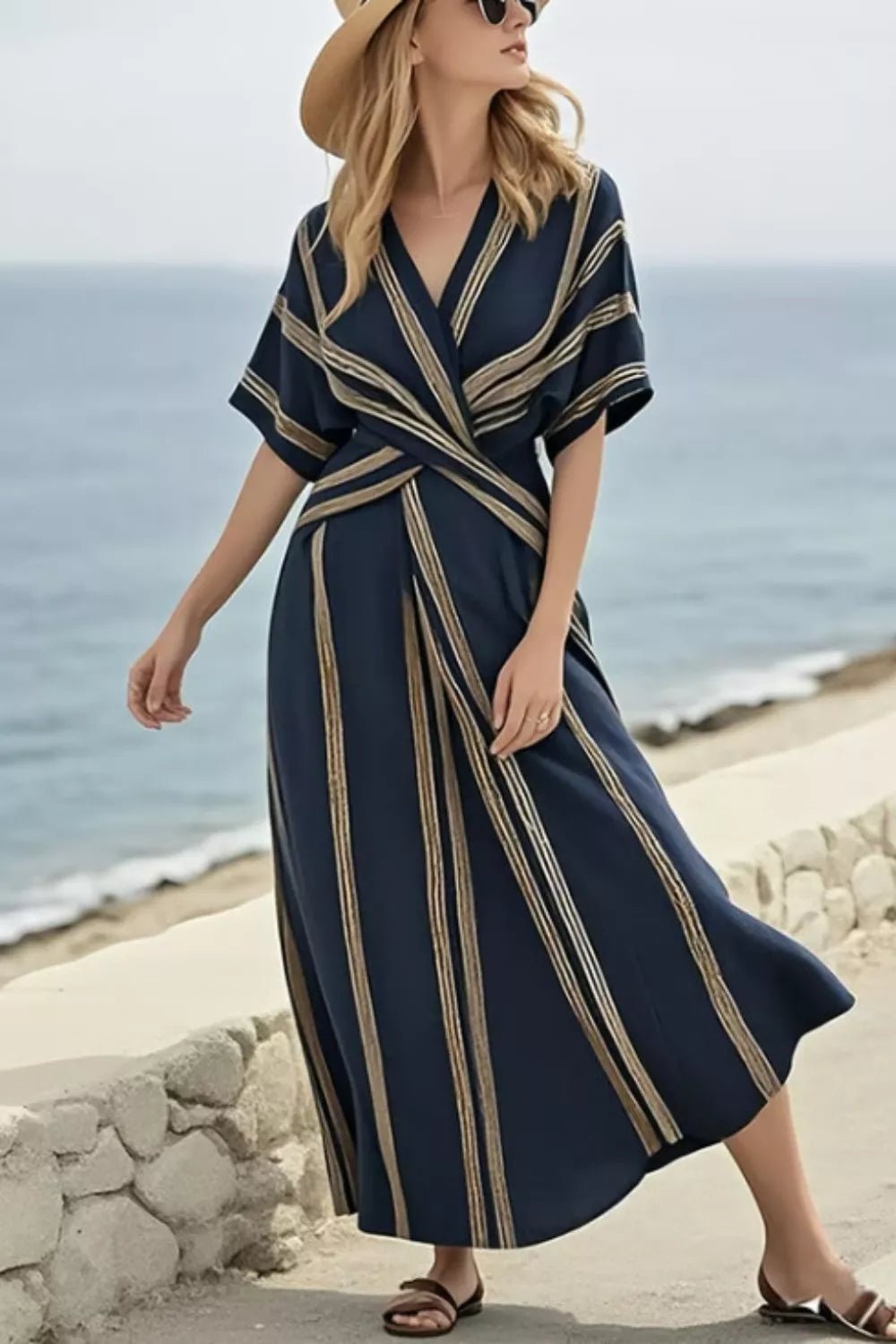 Striped Wrap Waist Maxi Dress