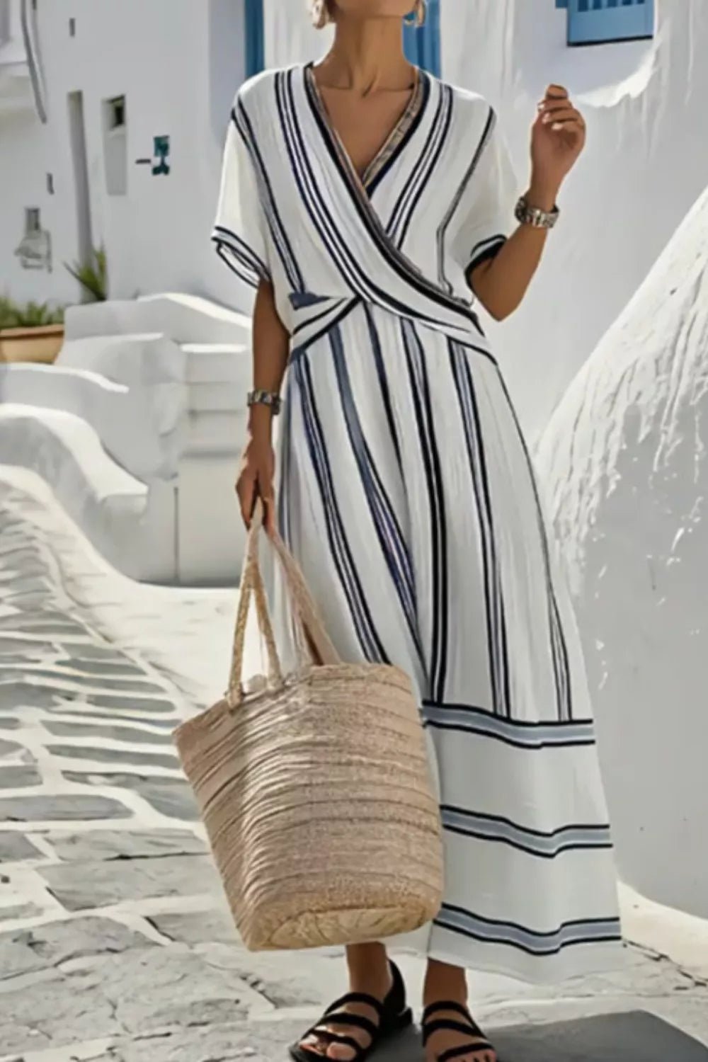 Striped Wrap Waist Maxi Dress