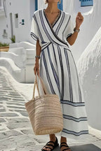 Striped Wrap Waist Maxi Dress