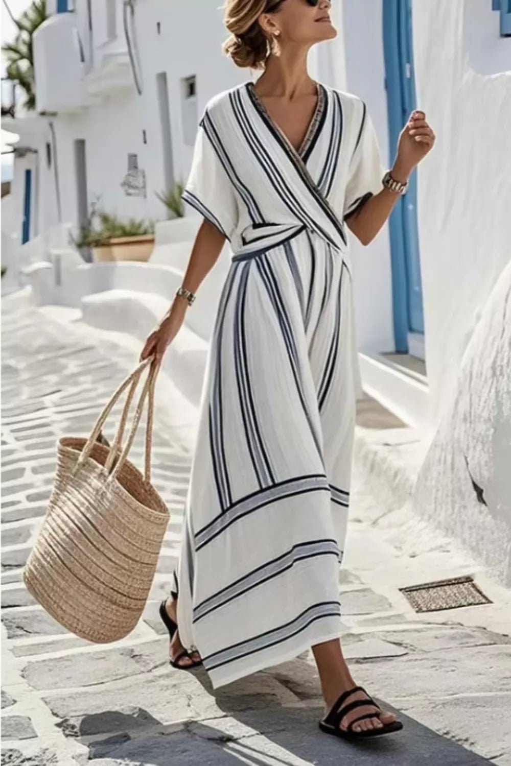Striped Wrap Waist Maxi Dress