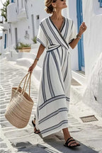 Striped Wrap Waist Maxi Dress