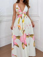 Tropical Print Cutout Slit Maxi Dress