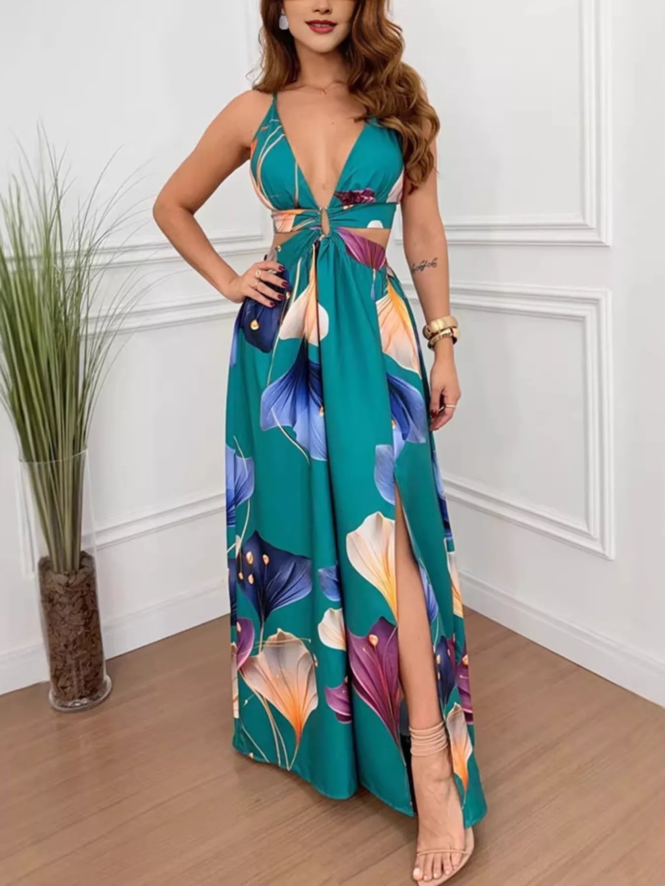 Tropical Print Cutout Slit Maxi Dress