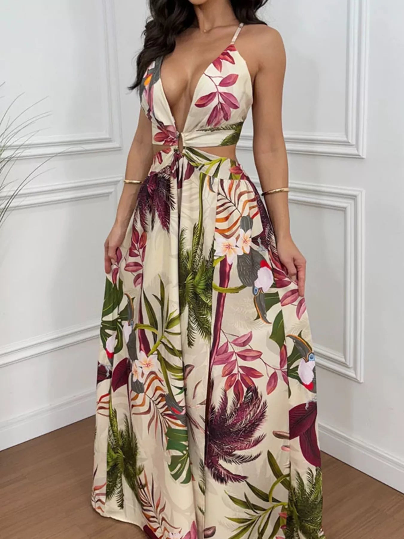 Tropical Print Cutout Slit Maxi Dress