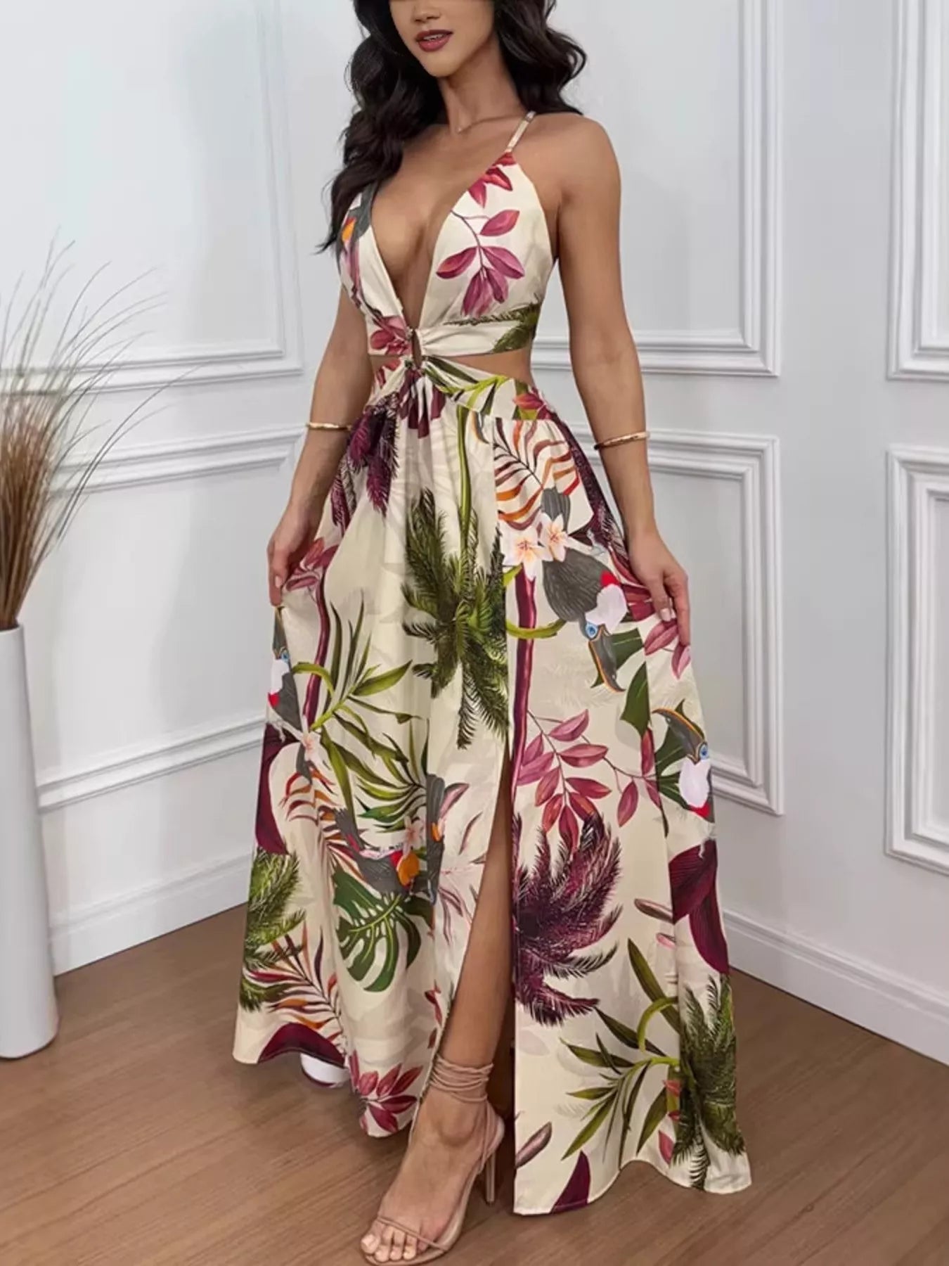 Tropical Print Cutout Slit Maxi Dress