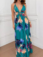 Tropical Print Cutout Slit Maxi Dress