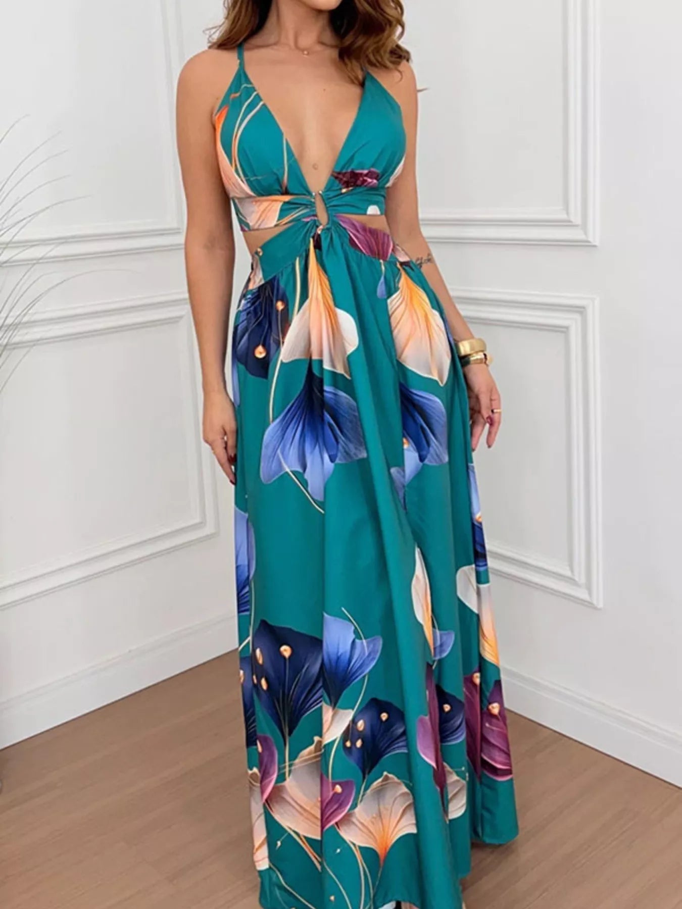 Tropical Print Cutout Slit Maxi Dress